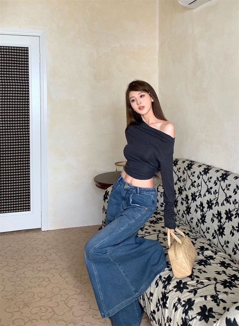 Mar. 休閒高智系 斜肩彈力修身短款長袖上衣 灰色