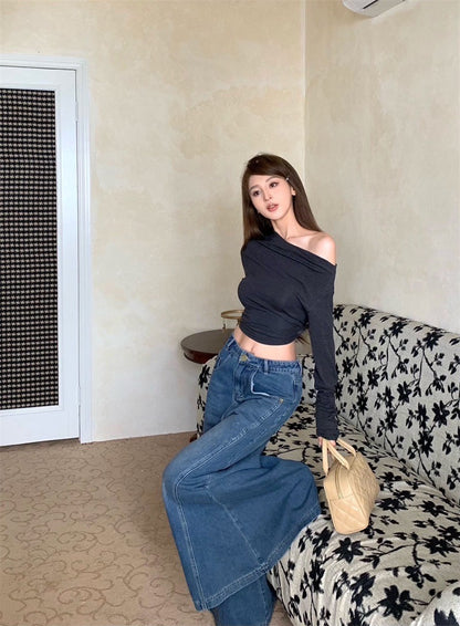 Mar. 休閒高智系 斜肩彈力修身短款長袖上衣 灰色