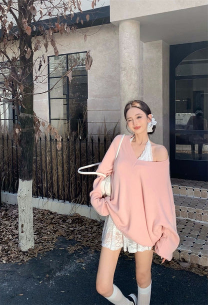 Oct. 暖心coco 高磅羊毛V領百搭粉色/灰色上衣 蕾絲連身裙