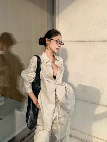 25Aug. 窒息慵懶高級感寬鬆條紋襯衫 抽繩休閒褲