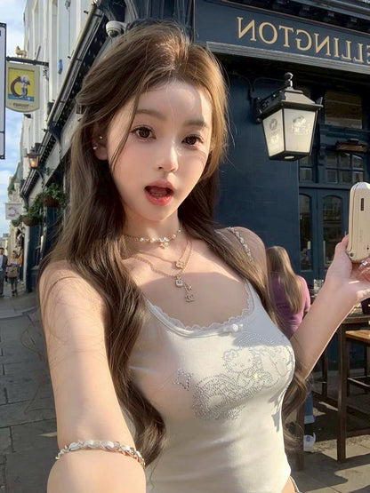 Jun. 凱蒂喵喵醬 燙鑽kitty蕾絲背心 3色