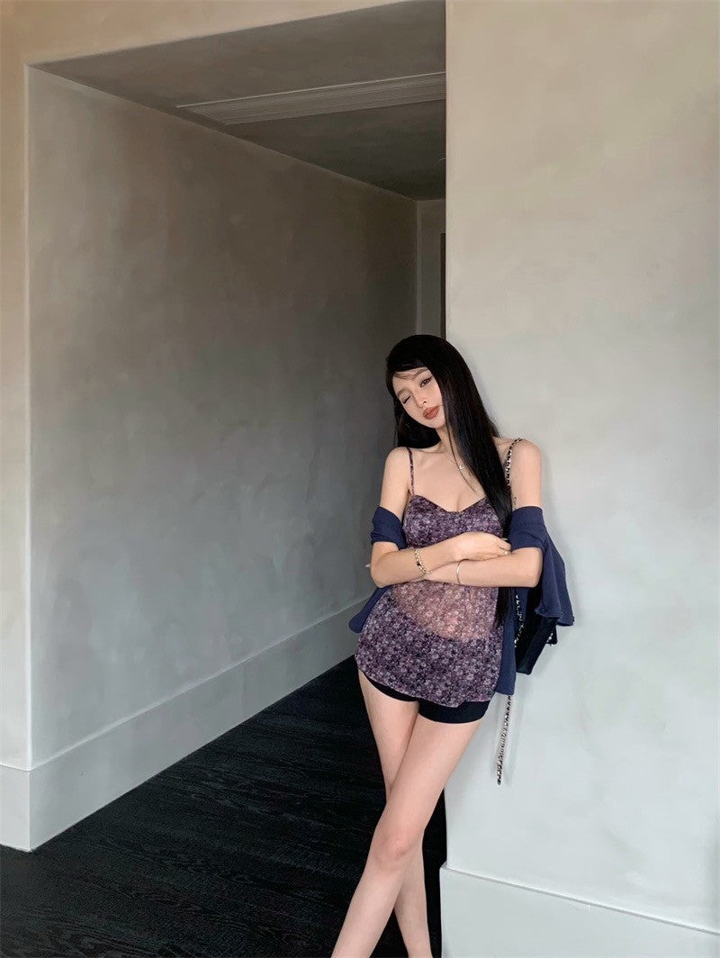 May. Za秘境花園 法式雪紡碎花背心 藍色小罩衫