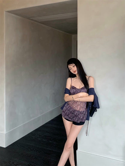 May. Za秘境花園 法式雪紡碎花背心 藍色小罩衫