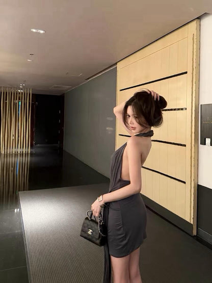 26Jul. 歐美純慾掛脖繫帶裙 雅灰