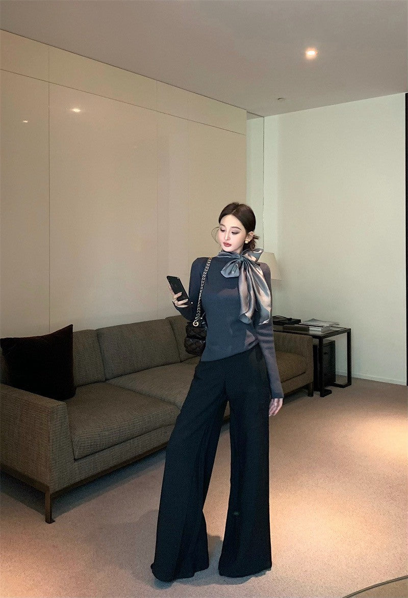 Feb. 內搭高手 綁帶蝴蝶領純色長袖上衣 灰