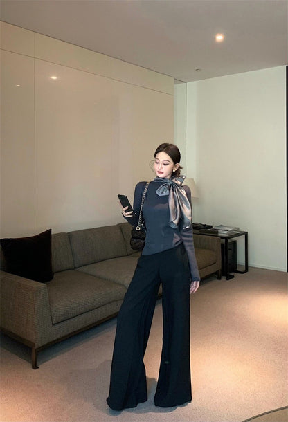 Feb. 內搭高手 綁帶蝴蝶領純色長袖上衣 灰