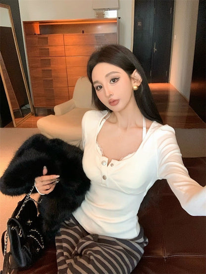 Feb. 居家舒適穿 假兩件式自帶胸墊上衣 白