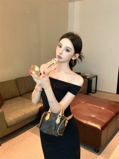 25Sep. 輕熟御姐一字領七分裙套裝 黑