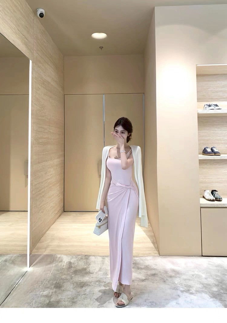 25Aug. 瘦瘦狂魔 側腰扭結U領背心連身裙 粉