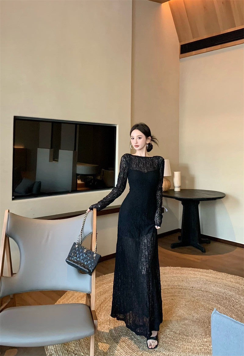 May. Backless dress歐美透視感疊穿連身裙（含內搭）黑