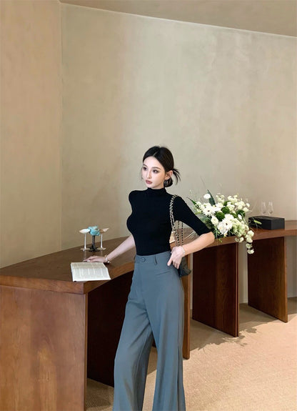 Jun. 高級知性 百搭顯瘦彈力上衣 黑 高腰闊腿褲 灰
