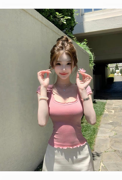 26Jul. 美慾奶tee可愛花邊U領上衣 粉