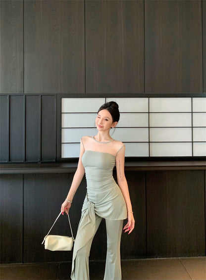 25Aug. 古典視覺網紗拼接上衣綁帶休閒褲套裝 豆沙綠