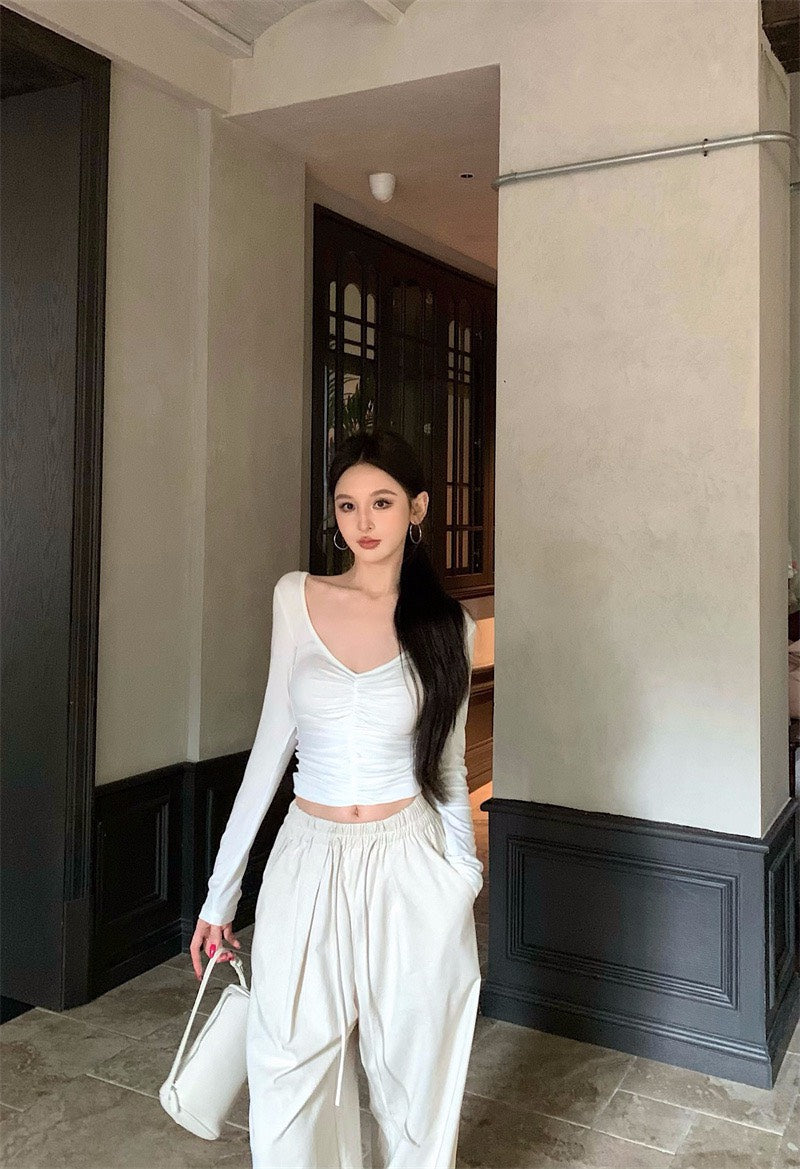 25Nov. 修身V領褶皺顯瘦長袖上衣 灰/米/粉