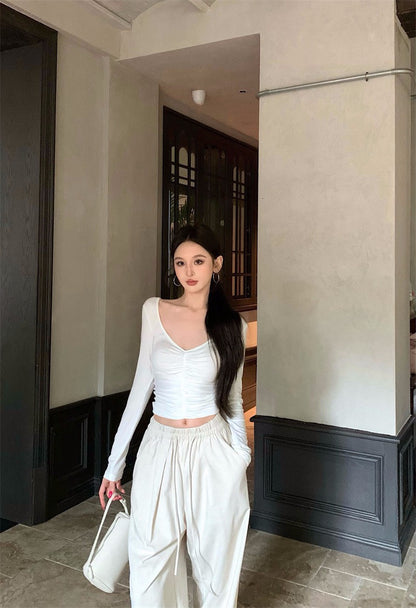 25Nov. 修身V領褶皺顯瘦長袖上衣 灰/米/粉