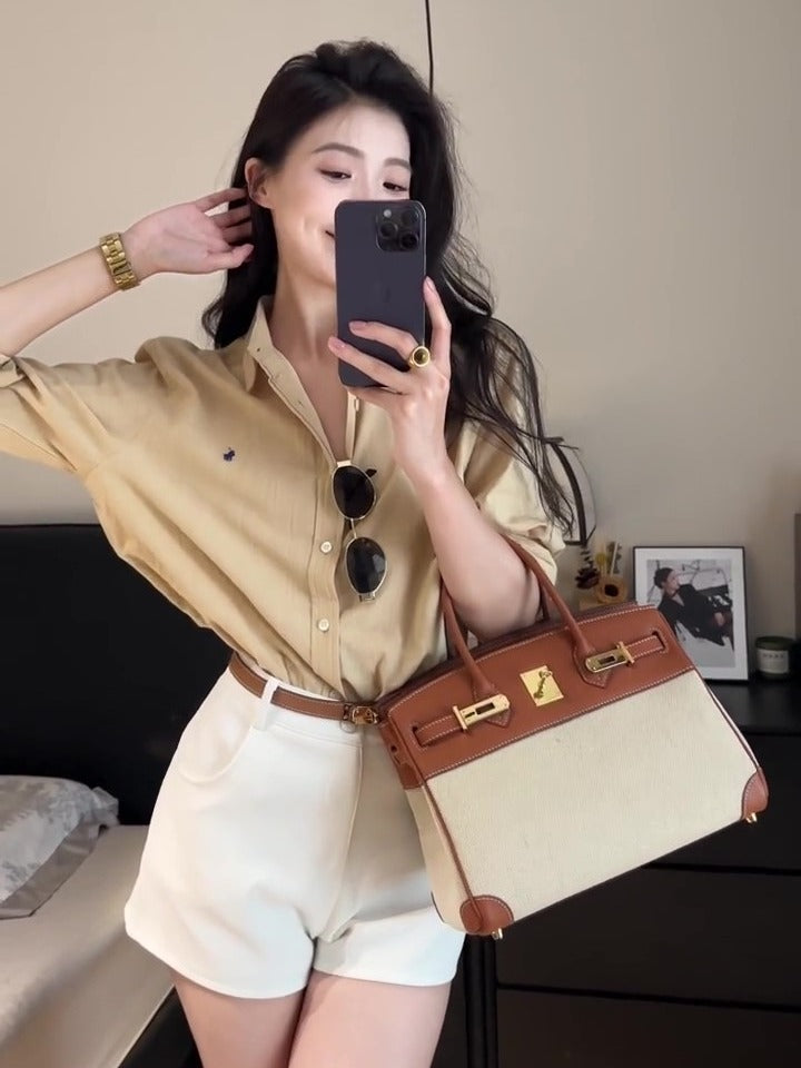 25Oct. 日常ballet 優秀版型棉麻刺繡老錢襯衫 卡其色/修身短褲 白色