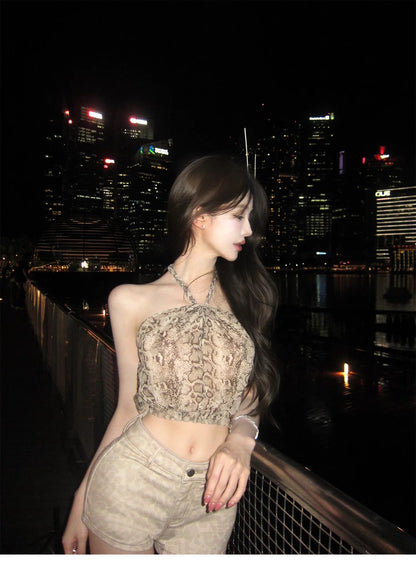 26Jul. 美式辣妹豹紋短款掛脖背心