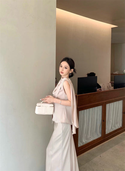 Jun. 羅馬Intellectual新法式緞感飄帶背心半身裙套裝 粉杏