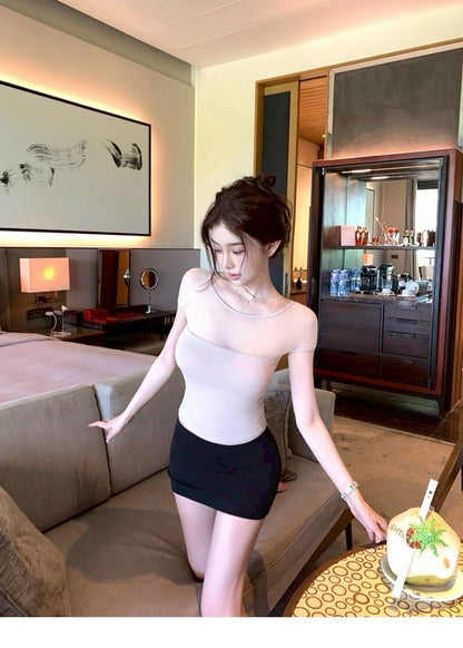 25Aug. 淡粉掌管純欲系網紗拼接修身上衣