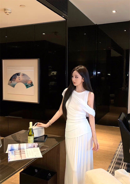 25Jul. 濟州女孩 簡約假兩件式上衣半身裙套裝 米白