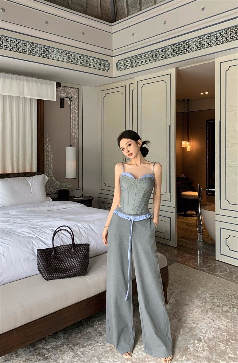 Apr. 復古鹽系 魚骨馬甲吊帶抹胸 拼色休閒褲 灰