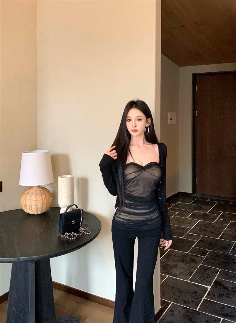 Jun. Kiss初吻性感網紗抹胸 鈕扣開衫 黑