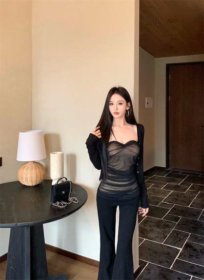 Jun. Kiss初吻性感網紗抹胸 鈕扣開衫 黑