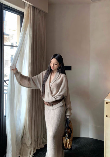 25Nov. 韓系溫柔多穿開襟袍針織半身裙套裝 杏/灰