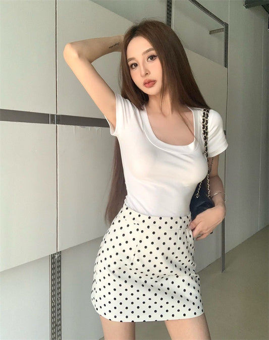 Jun. 復古Dress code簡約顯瘦短袖上衣 波點A字裙 2色