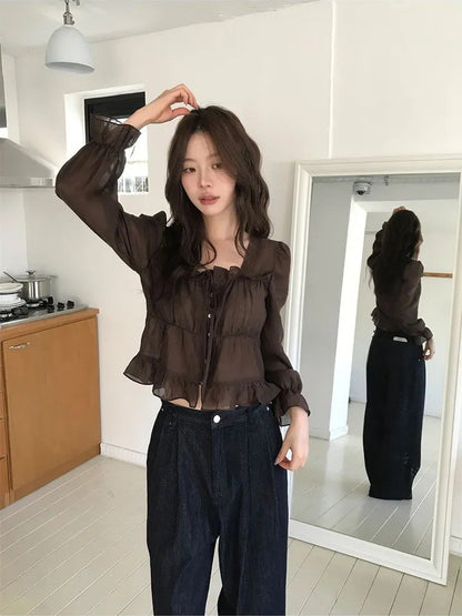 26May. 溫柔木耳邊泡泡繫帶襯衫 咖