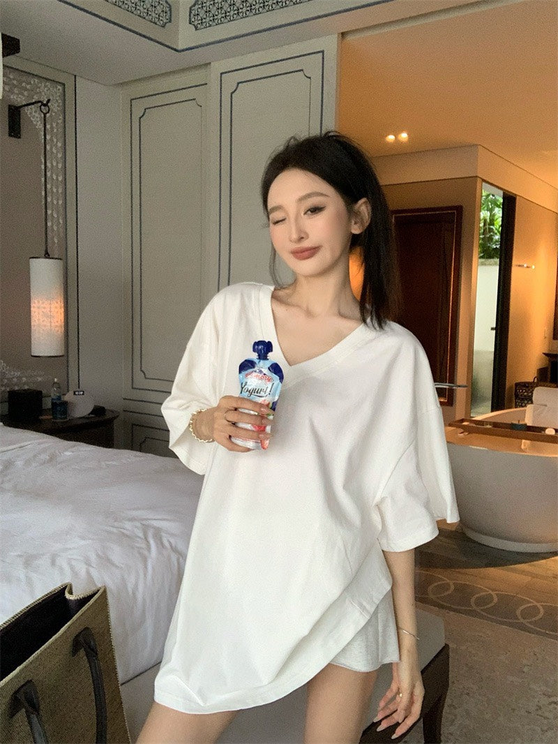 Jun. 在家舒適穿美式寬鬆中長款短袖上衣 白