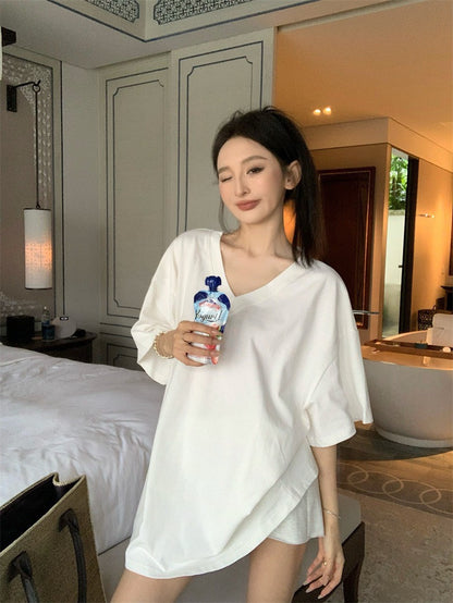 Jun. 在家舒適穿美式寬鬆中長款短袖上衣 白