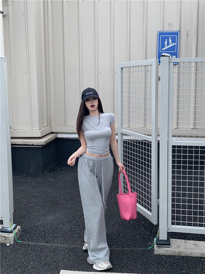 May. 清爽公式 簡約慵懶美式緊身上衣 鬆緊抽繩棉褲 灰