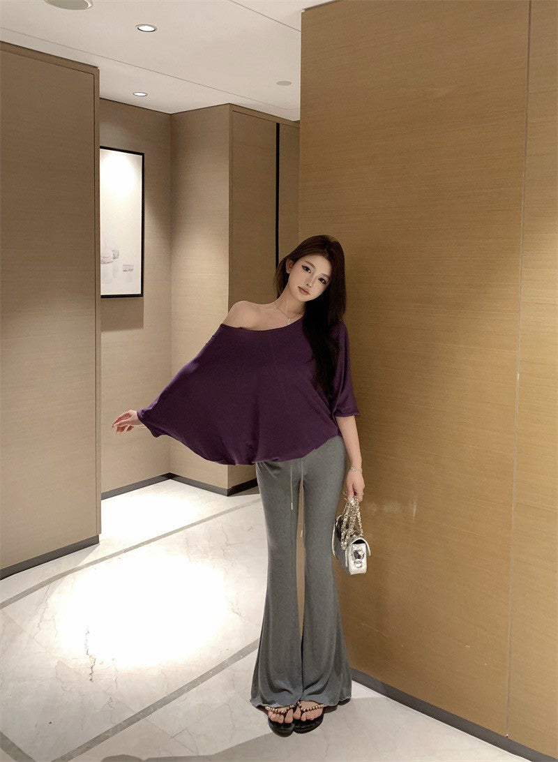 26Jan. 隨性休閒蝙蝠袖斜領紫色上衣 彈力休閒灰色喇叭褲