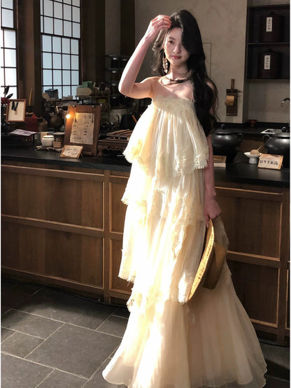 26Apr. 早春仙縷多層花不規則飄逸連身裙蛋糕裙 奶油米