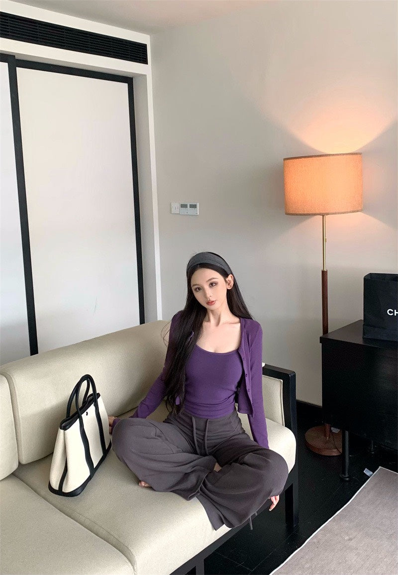 25Nov. 運動休閒搭一套上衣2件組 紫 顯瘦抽繩休閒褲 深灰