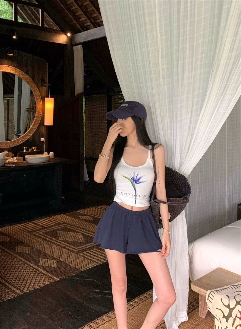 Apr. 美式翹臀比 慵懶顯瘦鬆緊短褲 藏藍/白灰