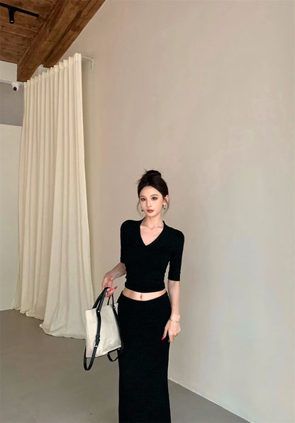 25Sep. 高級感V領五分袖魚尾半身裙套裝 灰/黑
