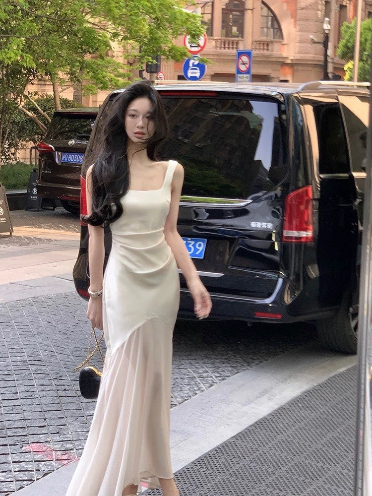 26Apr. 古希臘女神高級拼接魚尾緞面裙 杏白