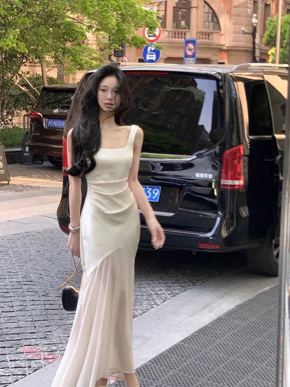 26Apr. 古希臘女神高級拼接魚尾緞面裙 杏白