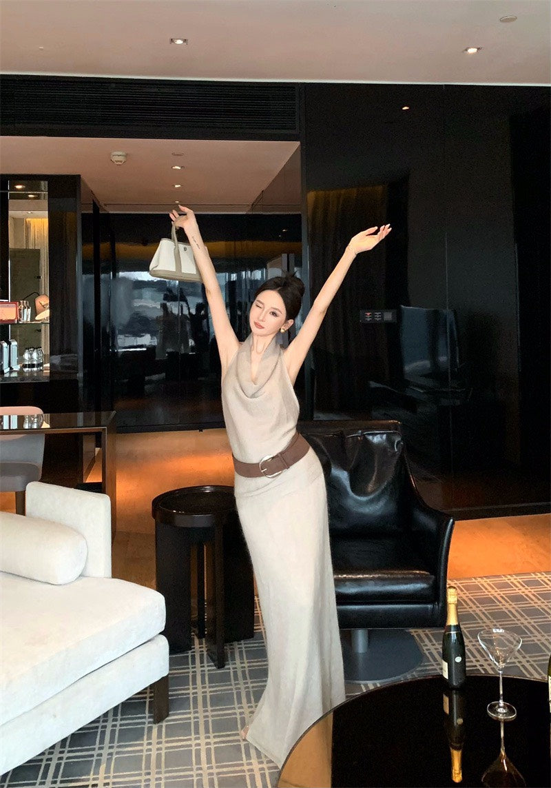 25Nov. 氣質出眾兩穿蘯領挖背針織半身裙套裝 卡