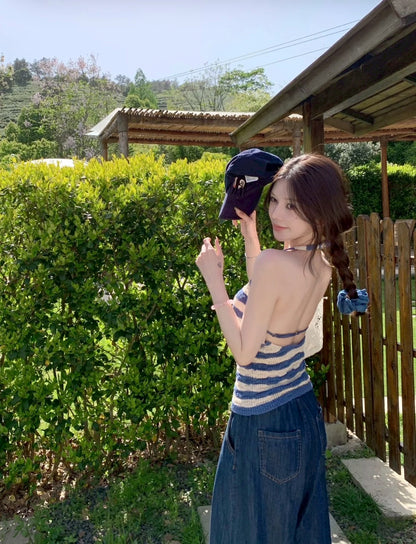 Jun. 海鹽涼風 冰沙紗線露背拼色針織背心