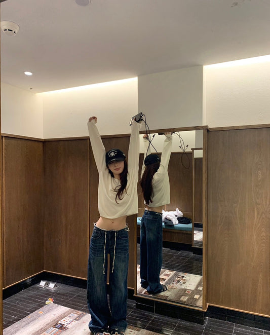 25Dec. 抽繩磨白毛邊壓折感寬鬆闊腿牛仔褲