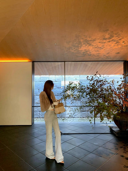 26Jan. 灰藍特殊定染修身高腰喇叭褲