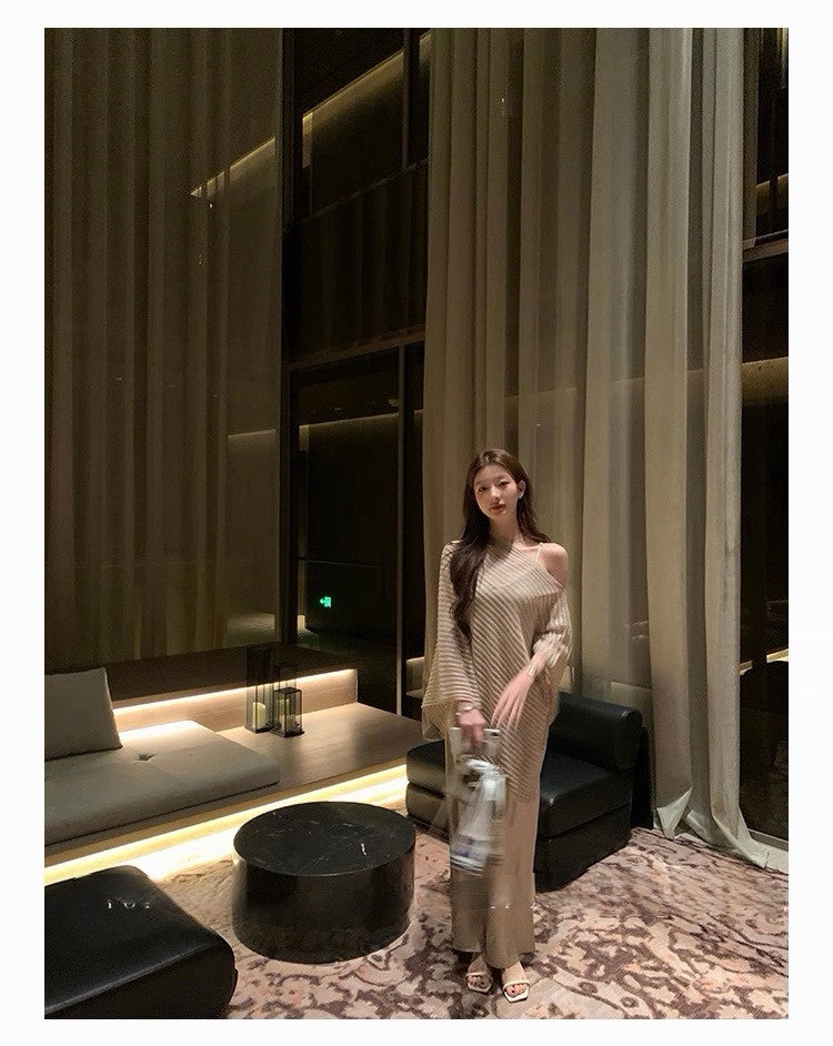 26Feb. 云珀謐光大女主針織披肩罩衫連身裙套裝 白/卡其