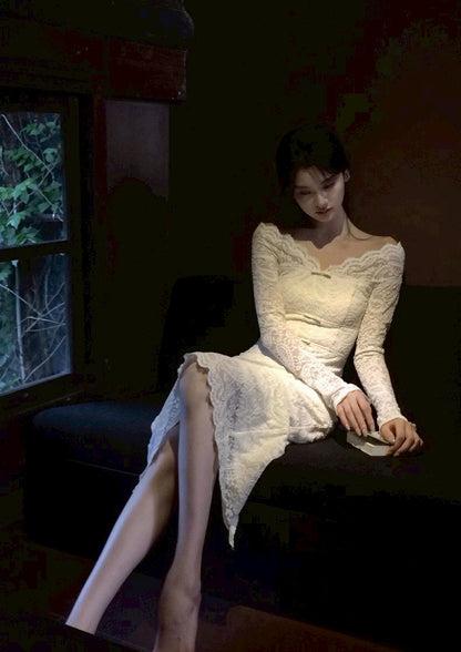 26Apr. 優雅媚娘 氣質蕾絲一字領連衣裙 杏