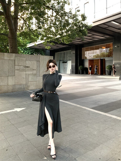 26Jan. 御姐風範不規則開叉包襟連身裙 灰