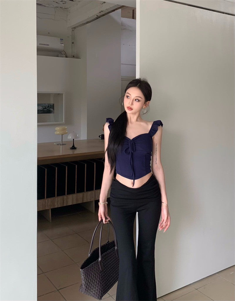 Jun. 日系純欲抽繩顯瘦上衣 藍/紅 黑色高腰休閒褲