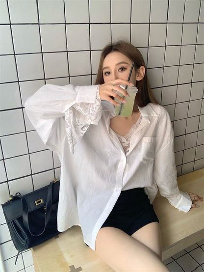 Jun. 慵懶清爽白色口袋襯衫 蕾絲打底花袖白色上衣