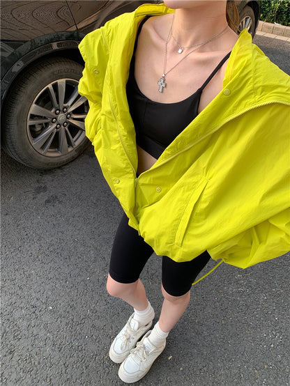 Jun. 美式寬鬆輕薄防曬連帽工裝外套 芥末黃